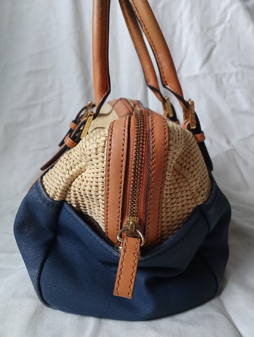 Tory Burch Navy Canvas & Natural Raffia Satchel - Picture 4 of 16